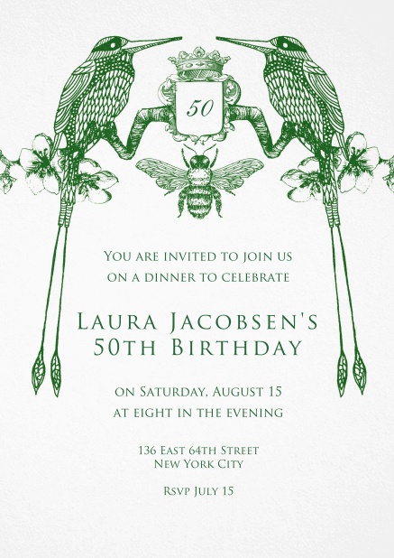 Einladungskarte für Hochzeitseinladungen und edle Geburtstagseinladungen mit zwei grünen Vögeln.