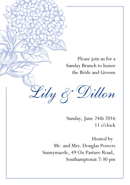 Online Wedding invitation card with large blue flower and blue frame. Blue.