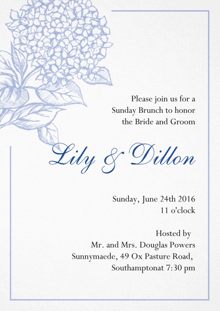 Wedding invitation card with large blue flower and blue frame. Blue.