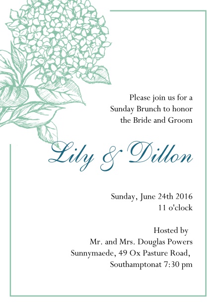 Online Wedding invitation card with large blue flower and blue frame. Green.