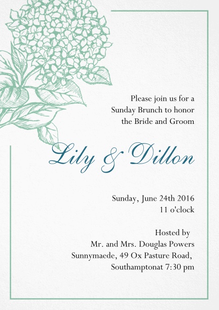 Wedding invitation card with large blue flower and blue frame. Green.