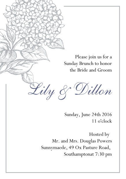 Online Wedding invitation card with large blue flower and blue frame. Grey.