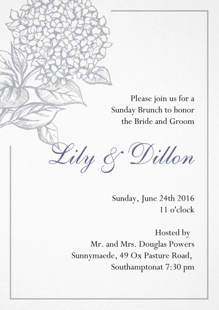 Wedding invitation card with large blue flower and blue frame. Grey.