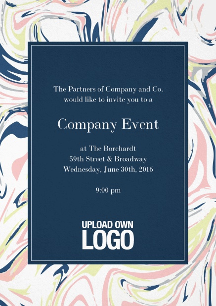 Corporate invitation card with colorful floral frame around a dark textfield and own logo option.