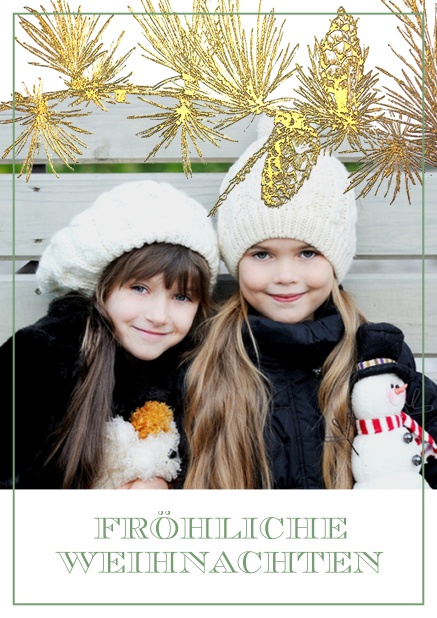 Online Weihnachtskarte mit goldenem Ast über einem großen Foto.