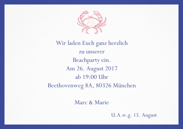 Einladungskarte zum Sommer Cocktail mit Krabbe.