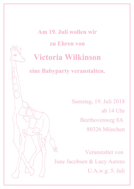 Online Kindereinladungskarte mit großer Giraffe und anpassbarem Text. Rosa.