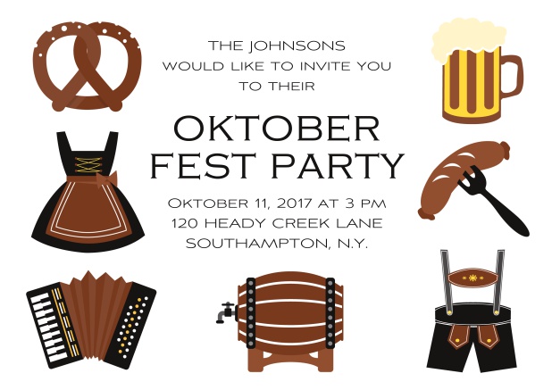 Fun Oktoberfest online invitation card with seven pictures of Oktoberfest classics like beer and lederhosen. Black.