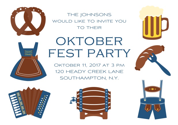 Fun Oktoberfest online invitation card with seven pictures of Oktoberfest classics like beer and lederhosen. Blue.