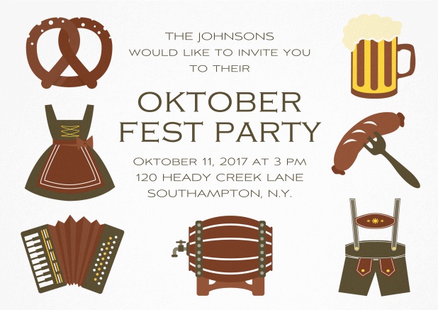 Fun Oktoberfest invitation card with seven pictures of Oktoberfest classics like beer and lederhosen. Brown.