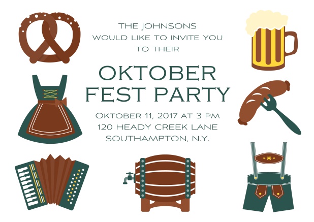 Fun Oktoberfest online invitation card with seven pictures of Oktoberfest classics like beer and lederhosen. Green.