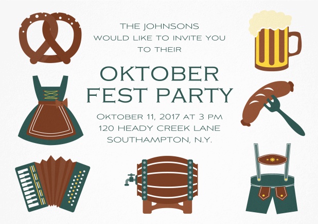 Fun Oktoberfest invitation card with seven pictures of Oktoberfest classics like beer and lederhosen. Green.