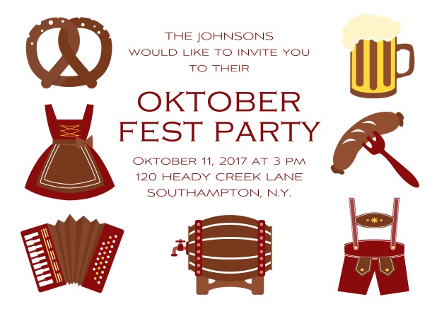 Fun Oktoberfest online invitation card with seven pictures of Oktoberfest classics like beer and lederhosen. Red.
