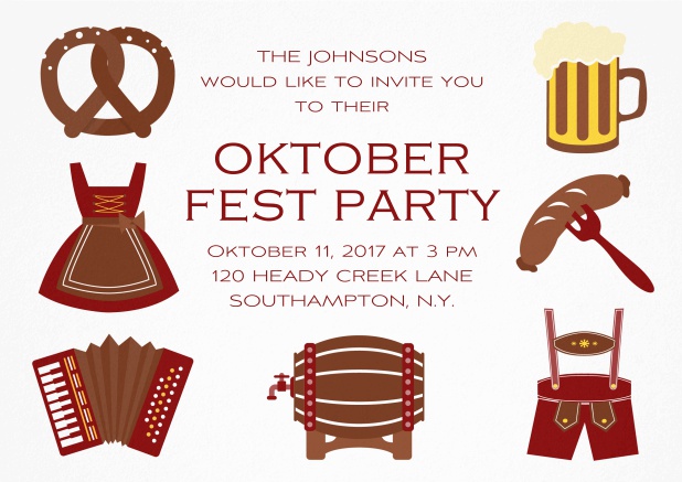 Fun Oktoberfest invitation card with seven pictures of Oktoberfest classics like beer and lederhosen. Red.