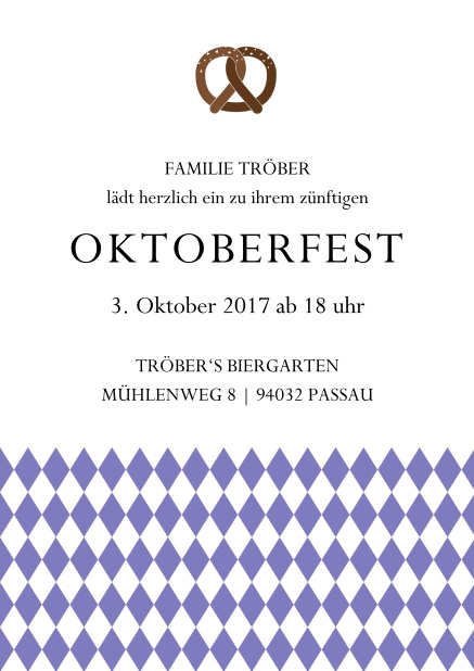 Online Einladungskarte zur Biergartenparty mit Bretzel und bayerische Fahne Lila.