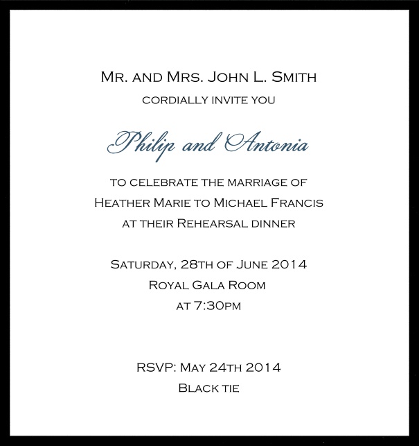 Klassische Einladungskarte auf weißem Papier mit Rahmen in der Farbe Ihrer Wahl. Schwarz.