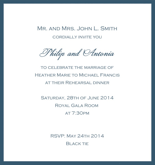 Classic invitation card with white paper and fine frame in color of your choice. Blue.