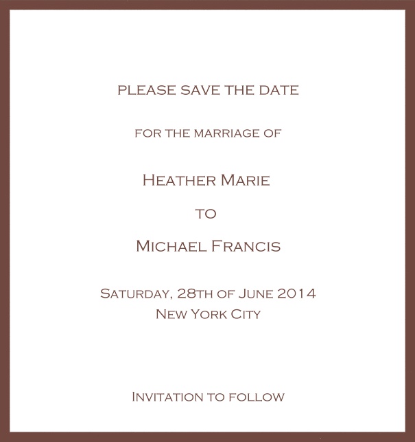 Classic Save the Date card design on white paper with fine frame in the color of your choice. Gold.