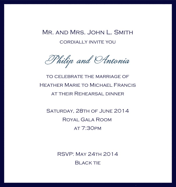 Classic invitation card with white paper and fine frame in color of your choice. Navy.