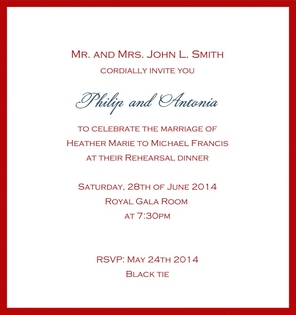 Classic invitation card with white paper and fine frame in color of your choice. Red.