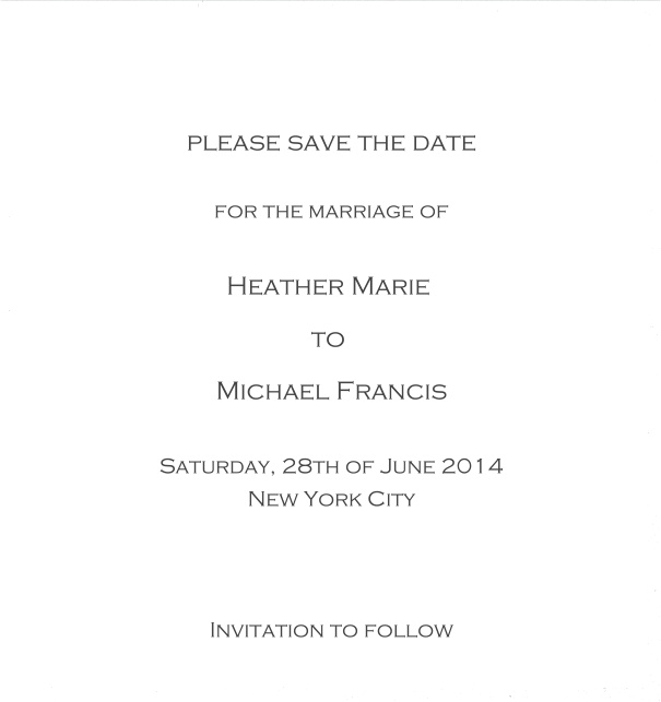 Classic Save the Date card design on white paper with fine frame in the color of your choice. White.
