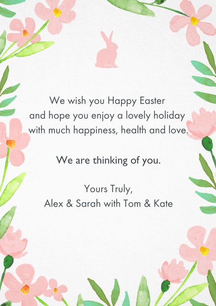 Send best wishes for Easter with this lovely Easter card with Easter Bunny and spring flowers Pink.