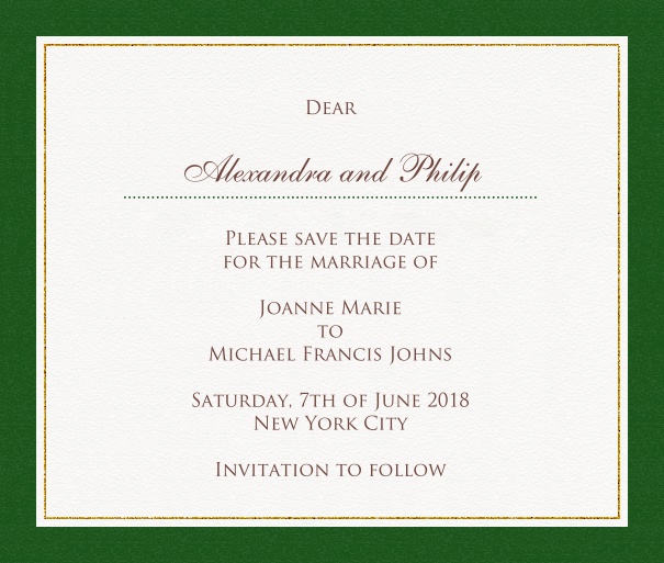 White Formal Wedding Party Save the Date Card with Red Border. Green.