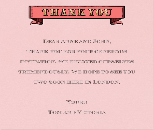 Rosa Online Dankeschön Karte mit Schriftzug Thank you oben mittig und editierbarem Textfeld.