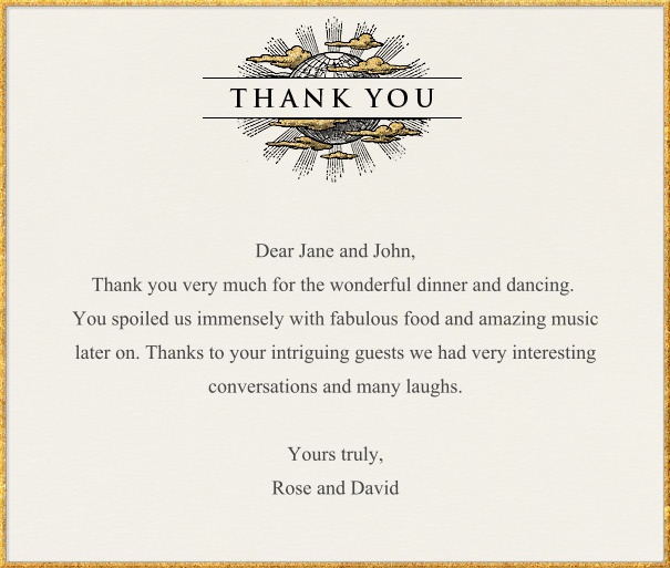 Tan Thank You Card with Gold Border and Banner.