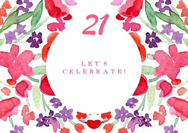 Colorful watercolor painted card for 21st Birthday invitations online.