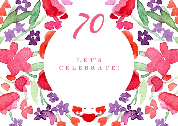 Colorful watercolor painted card for 70th Birthday invitations online.