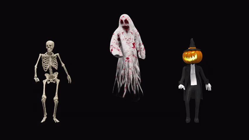 Video of a sceleton, ghost and pumpkin man dancing