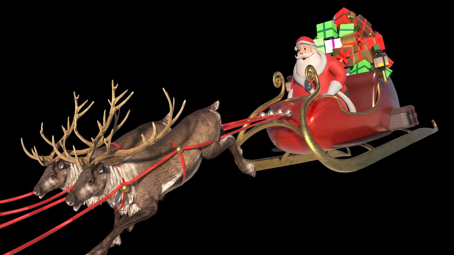 Video of Santa Claus flying in his sleigh with his reindeers