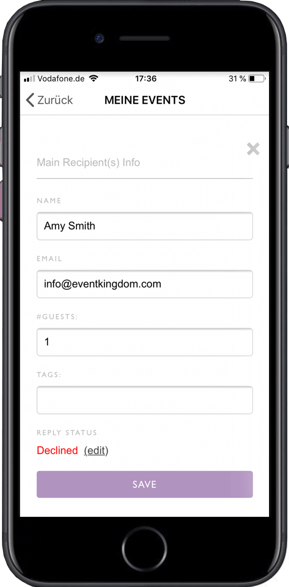 Bearbeiten Sie den Antwort-Status Ihrer Gäste oder fügen Sie neue Gäste hinzu.