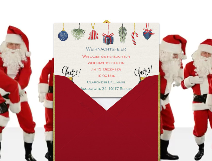 Einladung zur Weihnachtsfeier mit Cheers Cheers Einladungskarte kombiniert mit rotem Umschlag mit goldenem Rahmen und einem Hintergrundvideo mit tanzenden Weihnachtsmännern