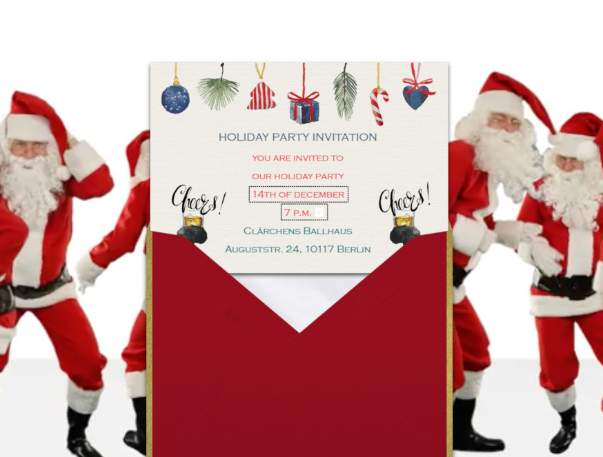Cheers Cheers Holiday invitation card popping out of holiday envelope with dancing Santas video