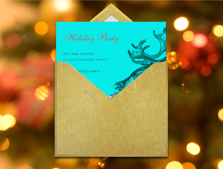 Animated Rudolph invitation card popping out of holiday envelope with shiny Christmas tree