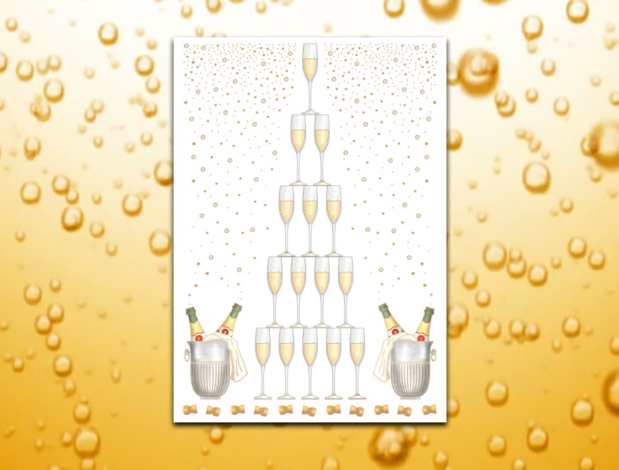 Birthday Invitation card with a tower of champagne glasses over a video of champagne bubbles with music celebration