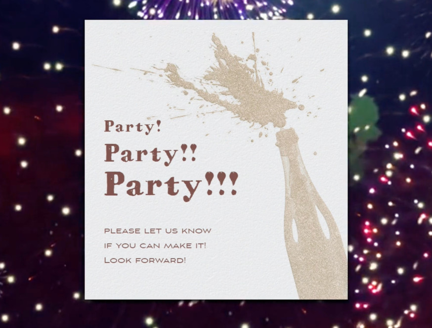 Birthday Invitation card with animated champagne bottle over a video of fireworks with music celebration