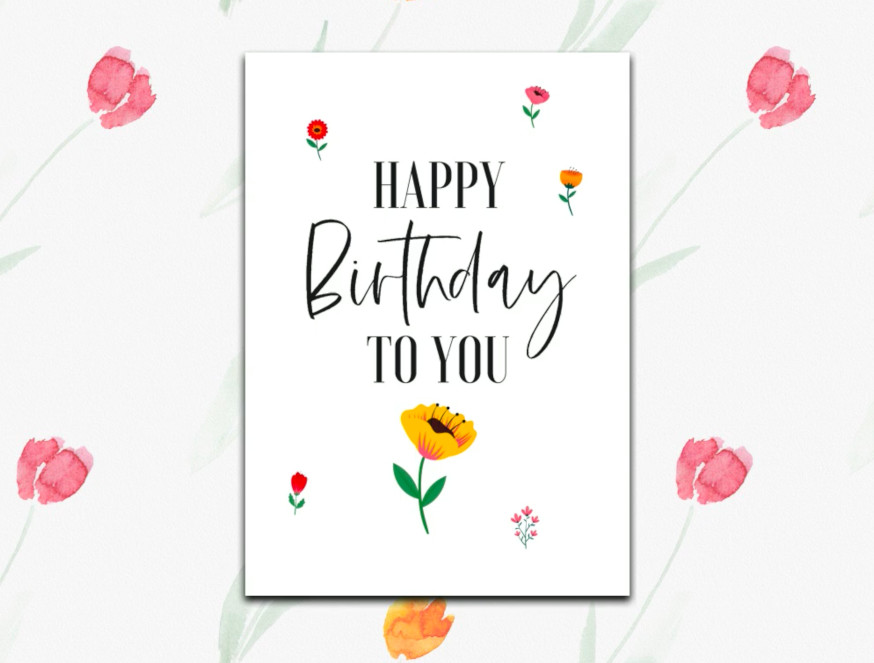 Happy Birthday Card with colorful flowers and illustrated tulip background and music by Beethoven