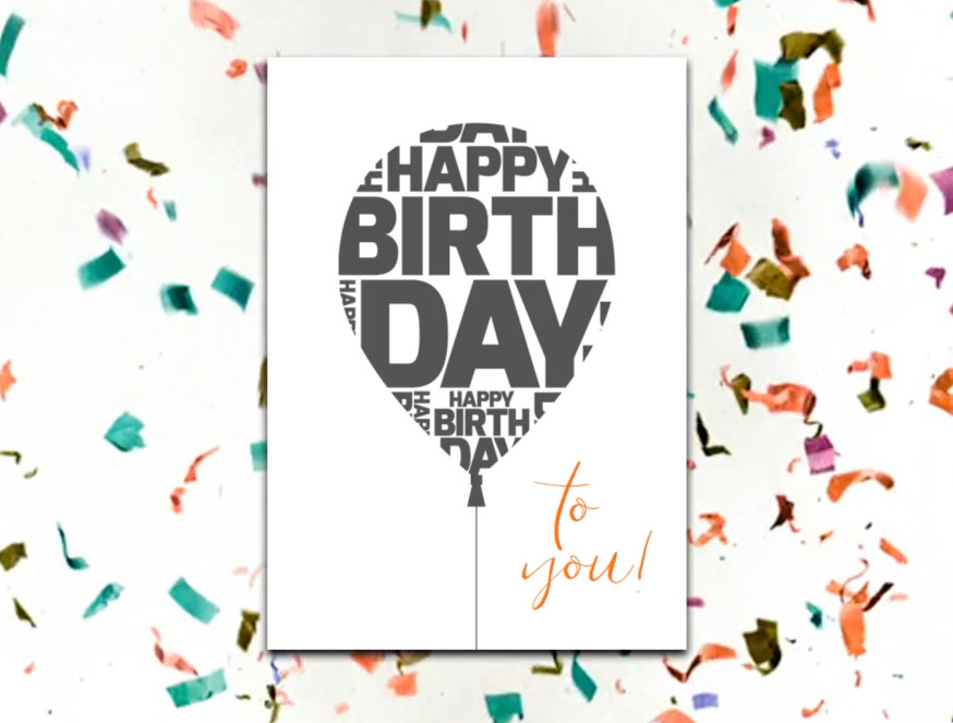 Happy Birthday Card with Happy Birthday text inside a balloon and flying up confetti on video background and music celebration