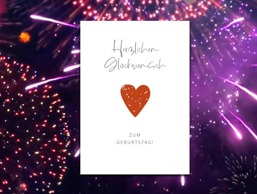 Komplett Design mit Geburtstagskarte mit rotem Herz und Herzlichen Glückwunsch Text mit Feuerwerk Video Hintergrund und Musik zum anpassen und teilen oder als Video herunterladen. Geburtstagskarte mit rotem Herz und Herzlichen Glückwunsch Text mit Feuerwerk Video Hintergrund und Musik