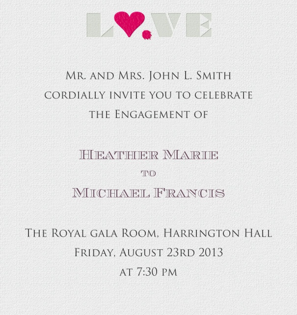 graufarbene Liebeseinladungskarte in Hochkantformat mit love logo und pinkem Herz statt o oben auf der Karte.