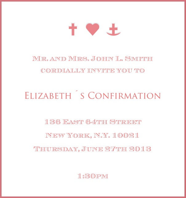 White Christening and Confirmation Invitation design with red border and red symbols.