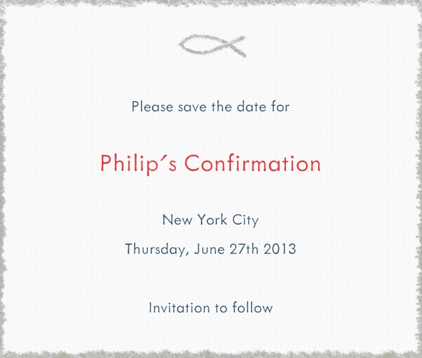 White Christening and Confirmation Save the Date card with Grey Border and Jesus Fish.