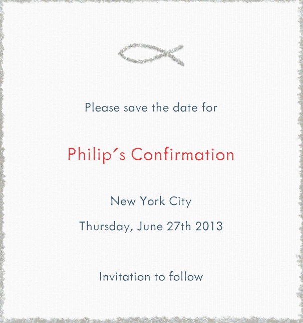 High Format White Christening and Confirmation Save the Date card with Grey Border and Jesus Fish.