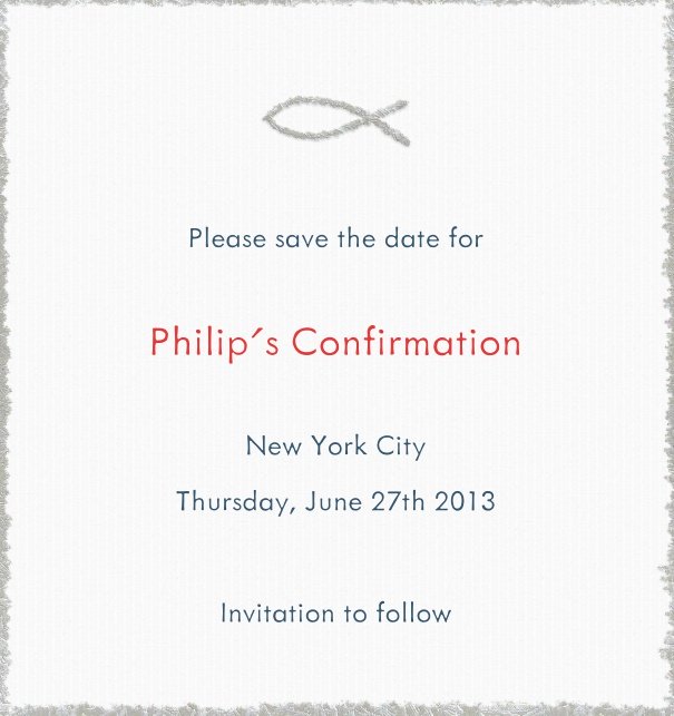 High Format White Christening and Confirmation Save the Date card with Grey Border and Jesus Fish.