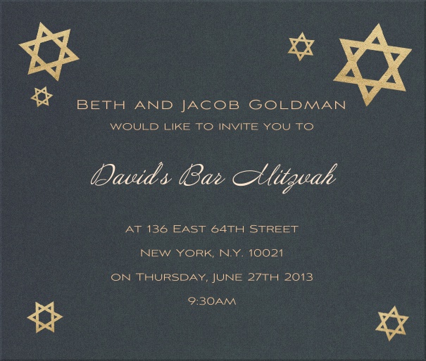 Graugrüne Bar Mitzvah oder Bat Mitzvah Einladungskarte mit goldenen David Sternen.