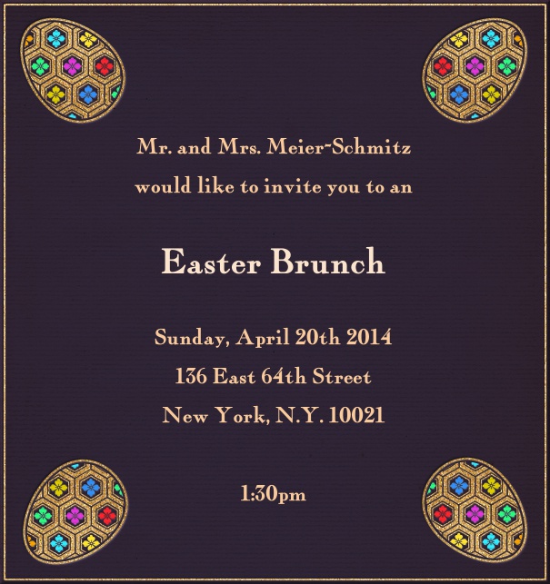 High Purple Easter Brunch Invitation Design with Colorful Easter Eggs.