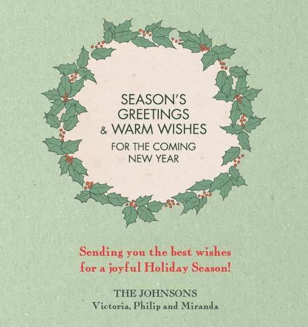Christmas Card online with Green Wreath and customizable text.